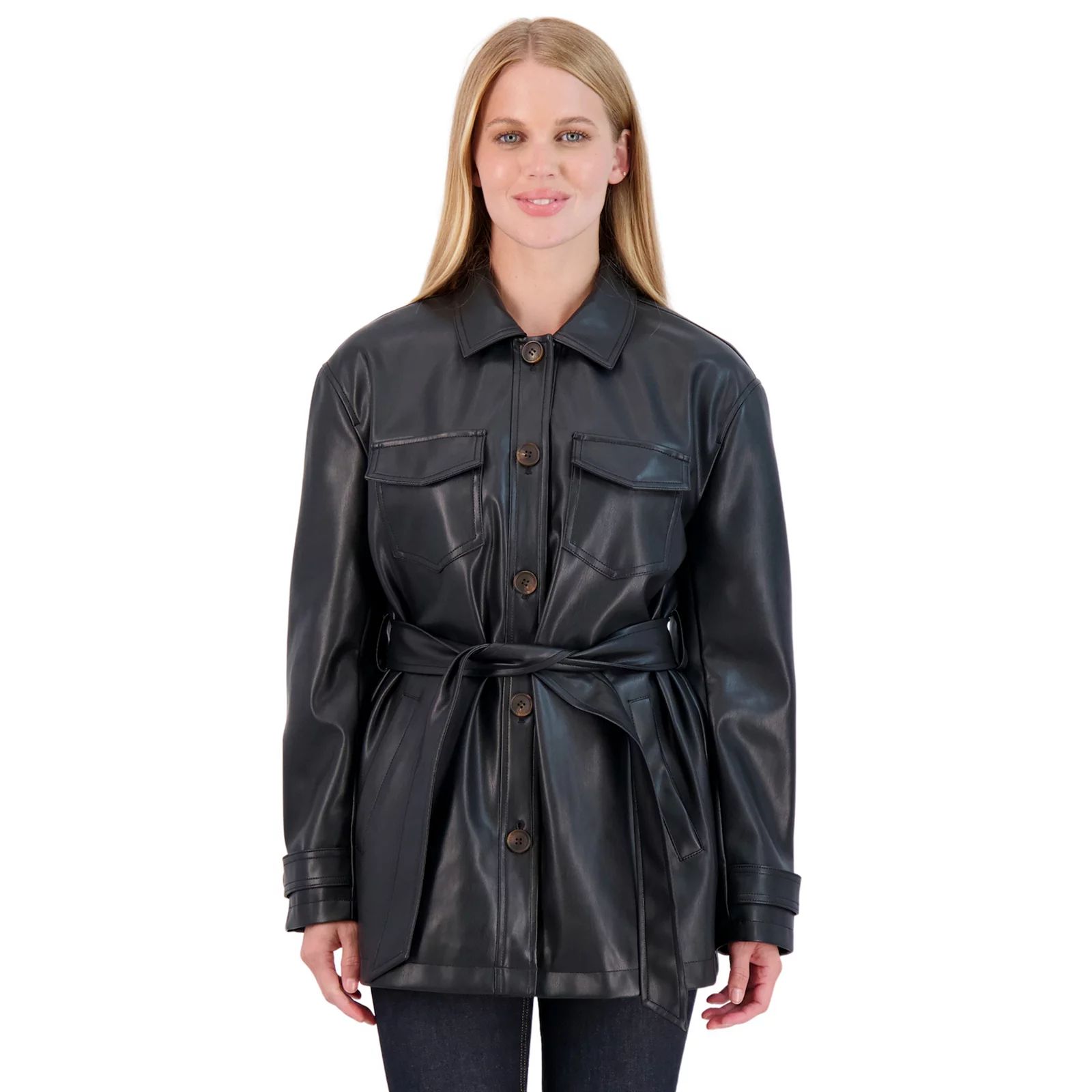 Women's Sebby Collection Faux Leather Belted Shirt Jacket, Size: Medium, Black | Kohl's