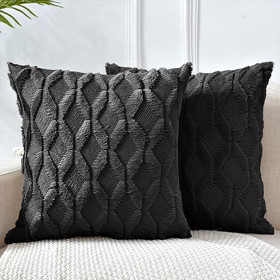 LHKIS Throw Pillow Covers 22x22, Black Decorative Boho Pillow Case Cushion Cover with Velvet Luxu... | Amazon (US)