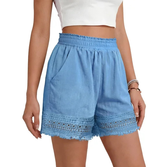 MOSHU High Waisted Shorts for Women Cotton Lounge Shorts Dressy Lace Trim Summer Beach Pants with... | Walmart (US)
