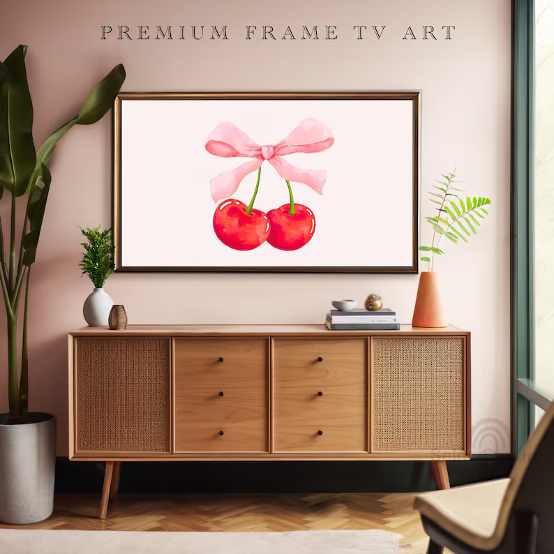 Cherry Bow Frame Tv Art, Frame Tv Art Bow , Cherry Frame Tv Art, Coquete Pink Bow Samsung Frame T... | Etsy (US)