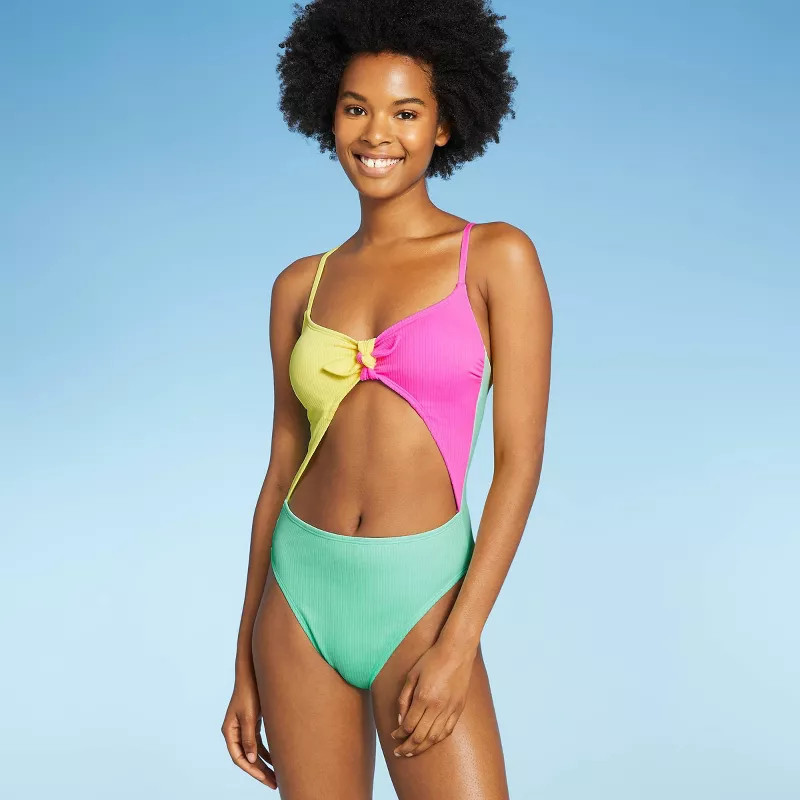 Juniors' Ribbed Colorblock Tie-Front One Piece Swimsuit - Xhilaration™ Multi | Target