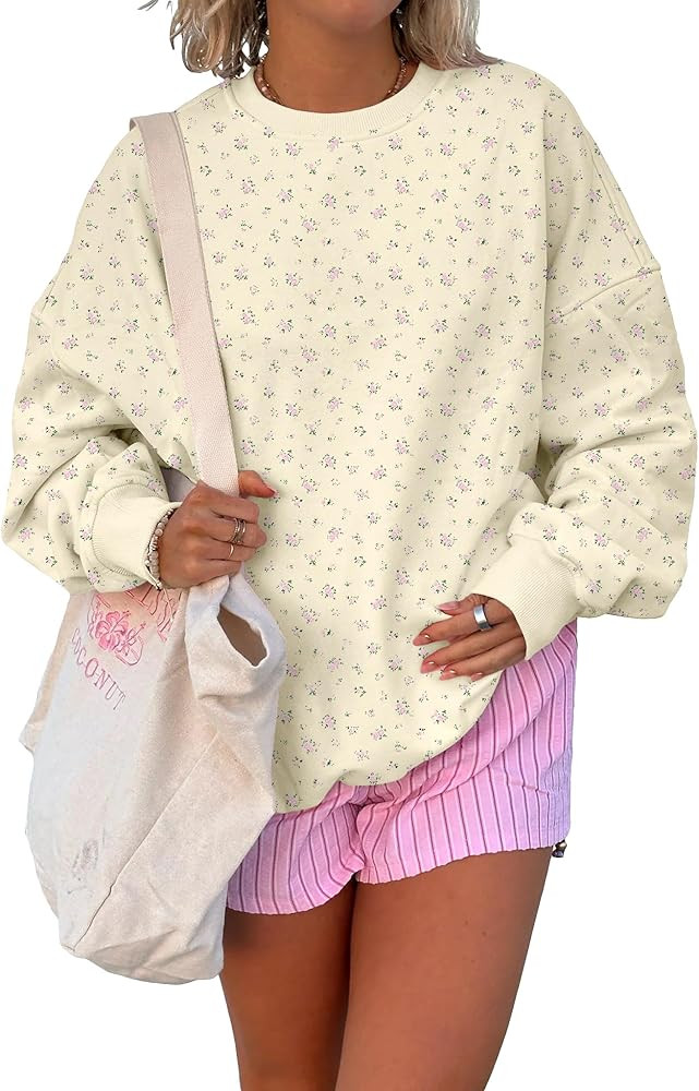 BAIGRAM Women Oversized Crew Neck Snowflake Ditsy Floral Sweatshirt Comfy Fleece Pullover Y2K Aesthetic 2025 Fall Clothes | Amazon (US)