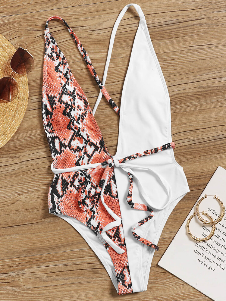 Snakeskin Open Back One Piece Swimsuit | SHEIN