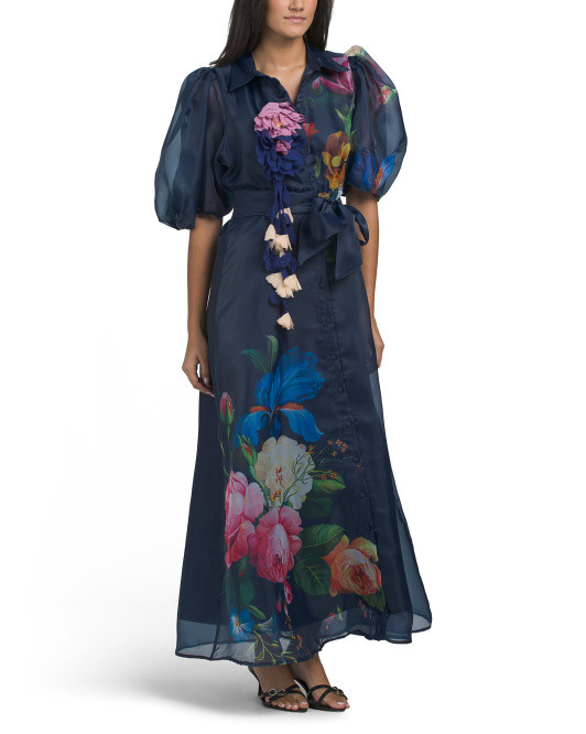 Puff Sleeve Floral Maxi Dress With 3d Floral Accents | TJ Maxx