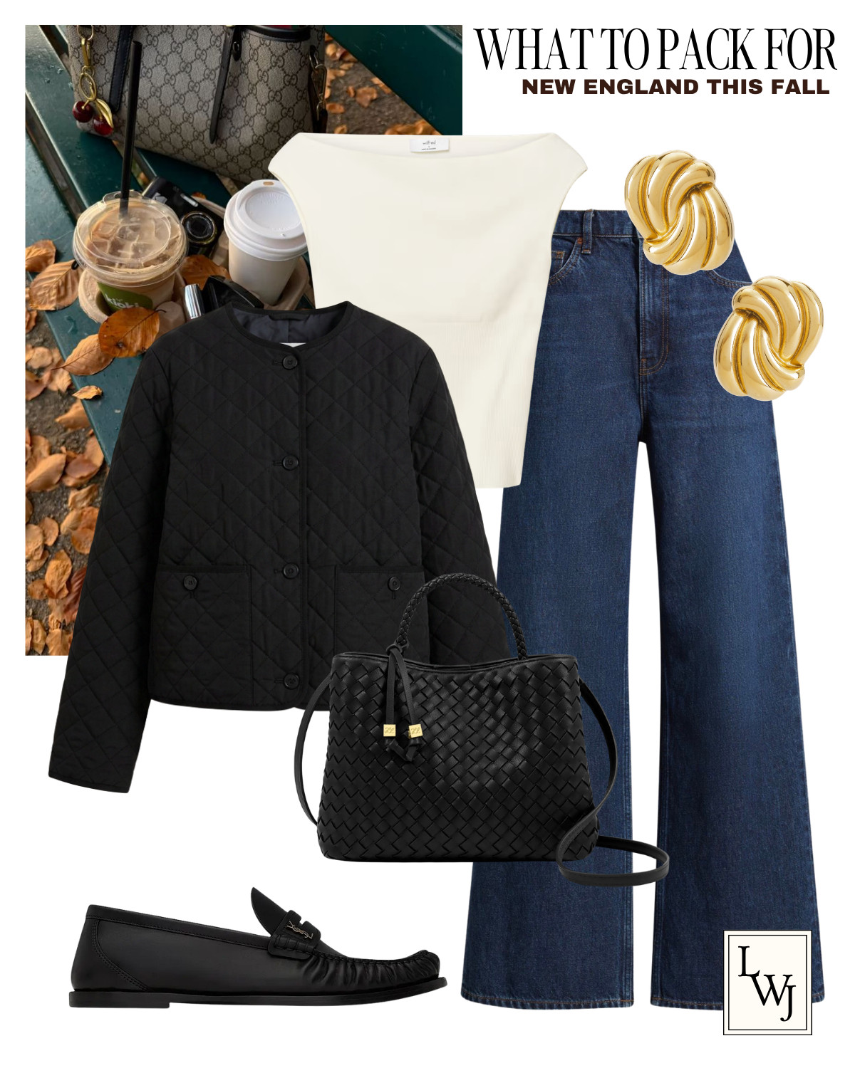 what to pack for new england this fall 

fall style / fall outfits / east coast / style over 30 / elevated style / preppy style / black quilted jacket / boatneck top / dressy top / dark blue wide leg jeans / ysl loafers / katie loxton purse

#LTKootd #LTKSeasonal #LTKTravel
