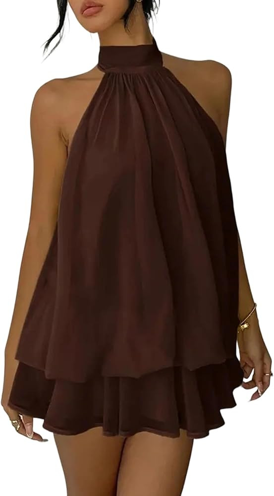 Famnbro Women Chiffon Dress Sleeveless Halter Neck Backless Ruffle Flowy Mini Sexy Summer Party W... | Amazon (US)