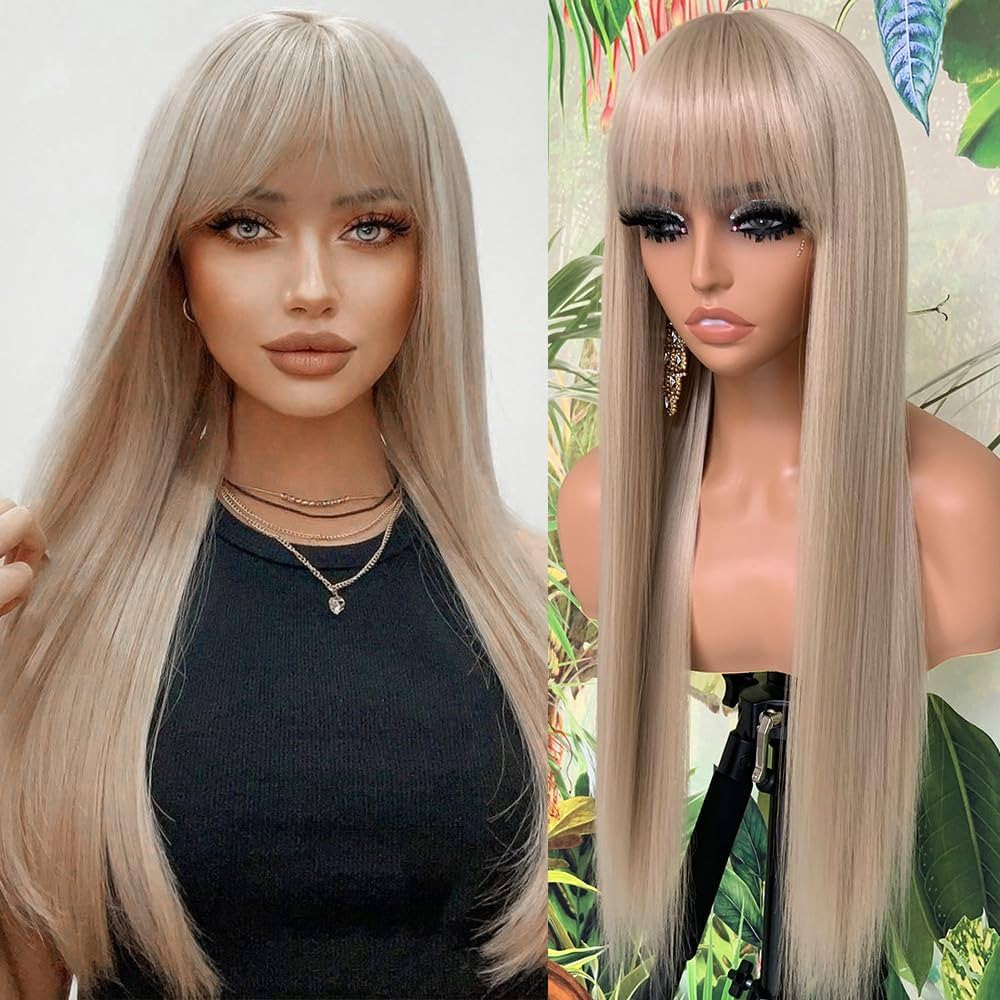 QD-Tizer Ash Blonde Synthetic Wigs with Bangs Long Straight Hair Wigs Glueless Synthetic None Lac... | Amazon (US)
