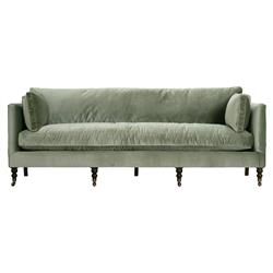 Madeline French Green Upholstered Brown Wood Brass Casters Sofa - Large - 90"W | Kathy Kuo Home
