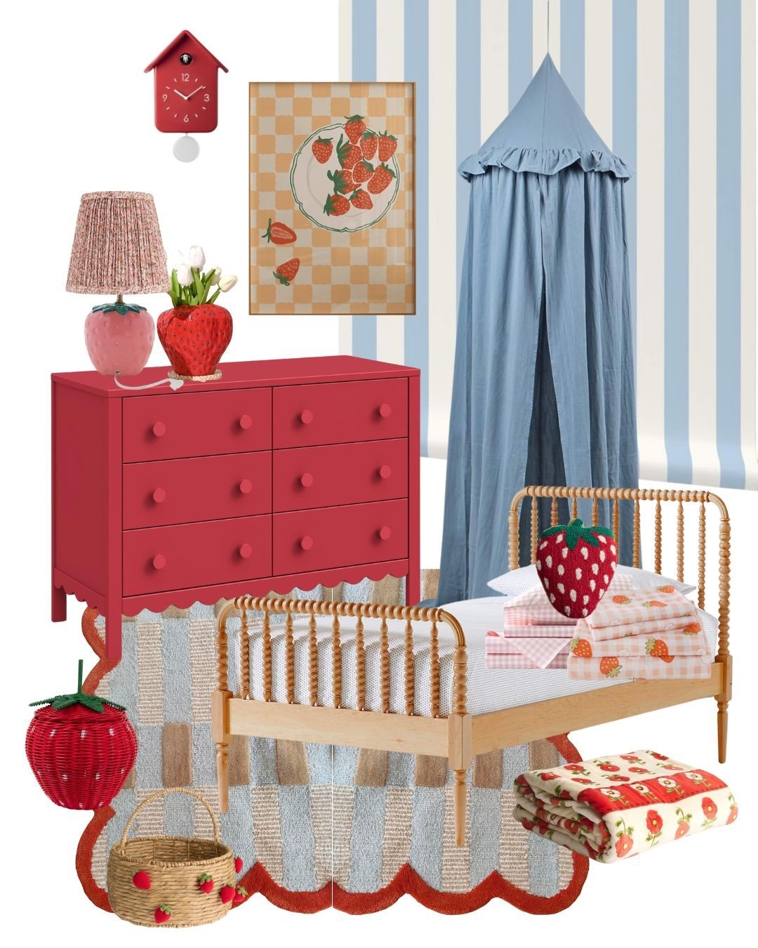 Strawberry themed kids room decor idea with a whimsical cottagecore touch. This playful space features a bold red dresser, striped blue and white canopy, spindle bed, and charming strawberry bedding. Accents include a strawberry lamp, wall art, basket, and cozy quilt that bring a sweet farmhouse vibe to your child’s bedroom. Perfect inspiration for a fruit-inspired nursery or toddler room refresh. 

#KidsRoomDecor #StrawberryRoom #CottagecoreDecor #WhimsicalRoom #ToddlerRoomIdeas #GirlsRoomDecor #FruitDecor #LTKHome #LTKKids #LTKDecor

#LTKHome #LTKBaby #LTKKids