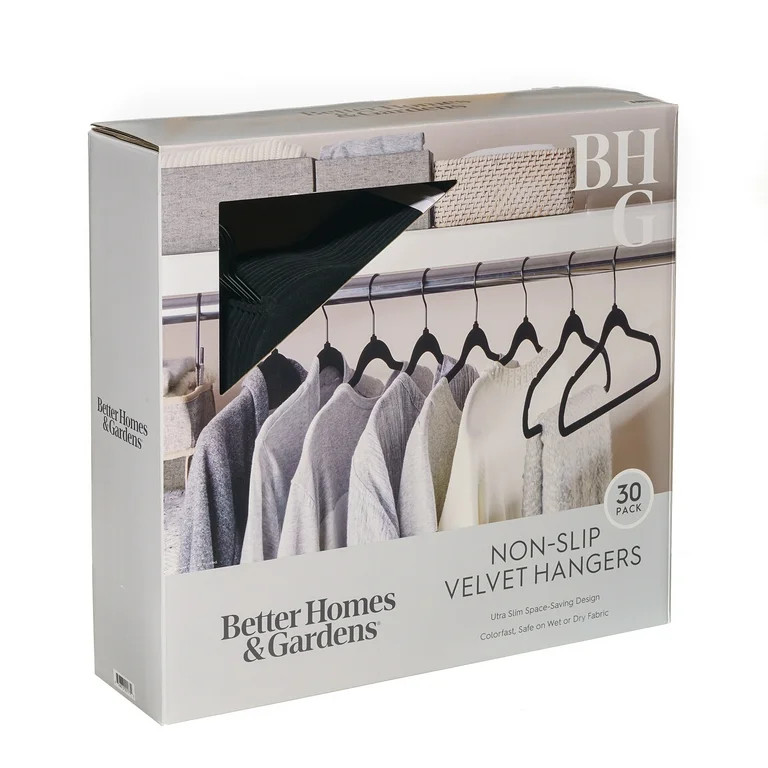 Better Homes & Gardens Non-Slip Velvet Clothing Hangers, 30 Pack, Black, Space Saving | Walmart (US)
