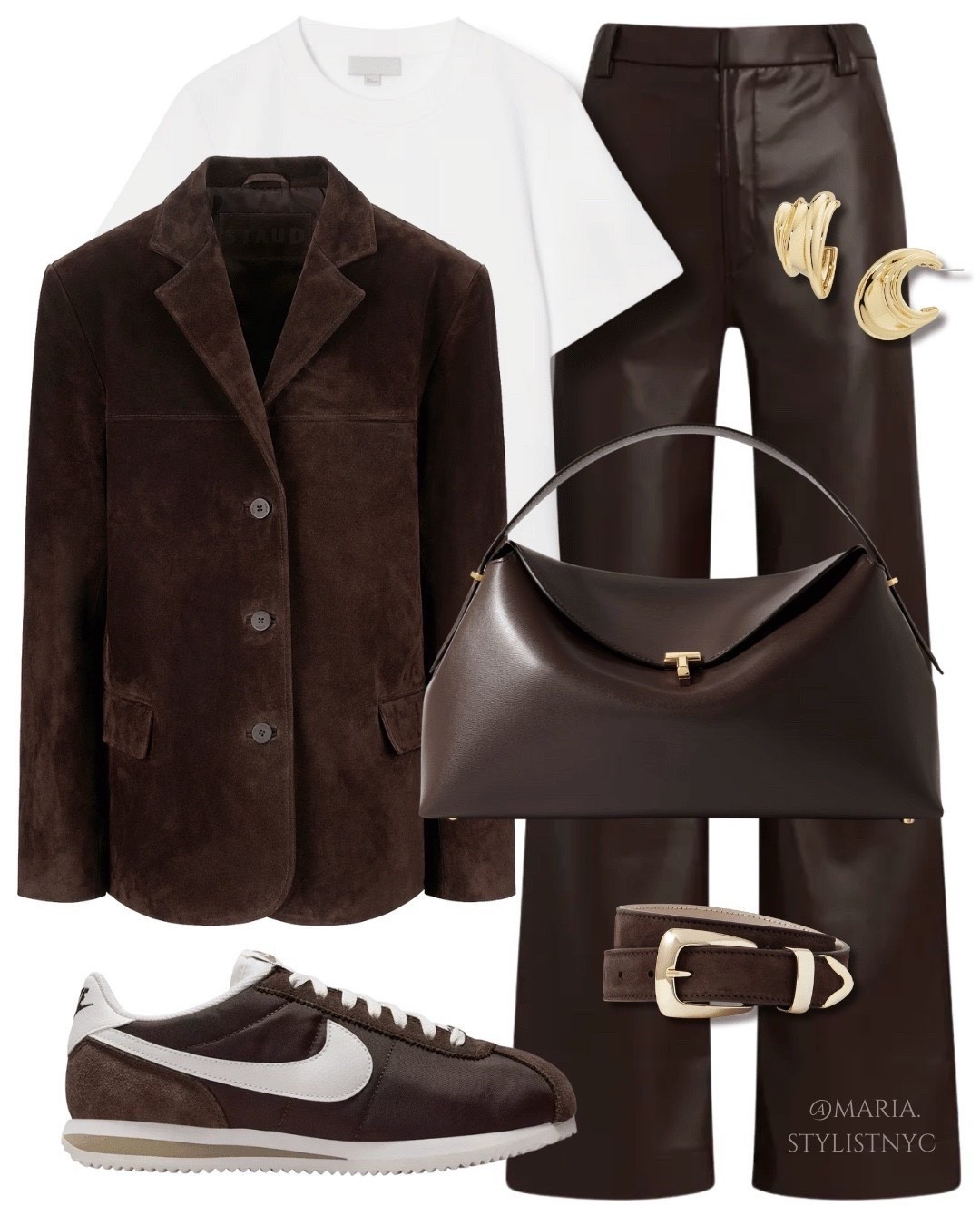 A stylish fall/winter look featuring a brown suede blazer, chocolate leather trousers, a white tee, and coordinating Nike Cortez sneakers, elevated by a structured leather bag and gold jewelry.

#LTKSeasonal #LTKootd