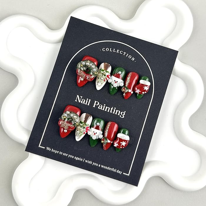 Collection Luxury Christmas Press On Nails, Hand Painted Artificial Nails with Pearls, Glitter, S... | Amazon (US)
