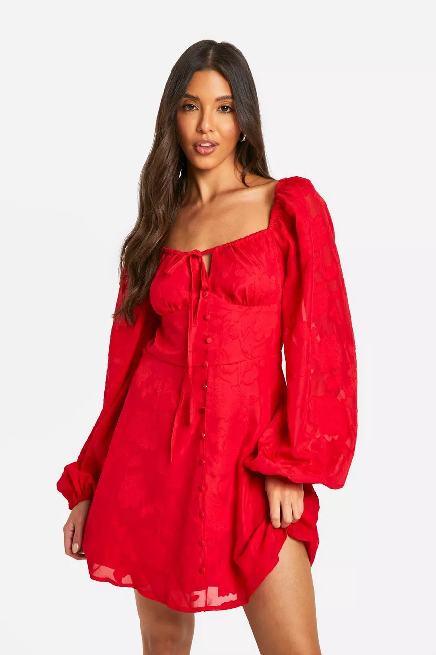 Textured Balloon Sleeve Milkmaid Mini Dress | Boohoo.com (NL)