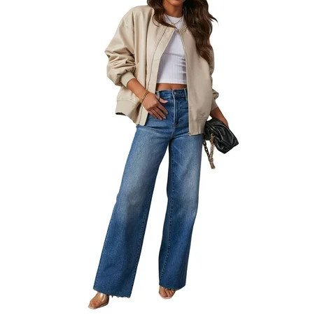 Sunisery Women Leather Jacket Long Sleeve Zipper Closure Bomber Jacket | Walmart (US)