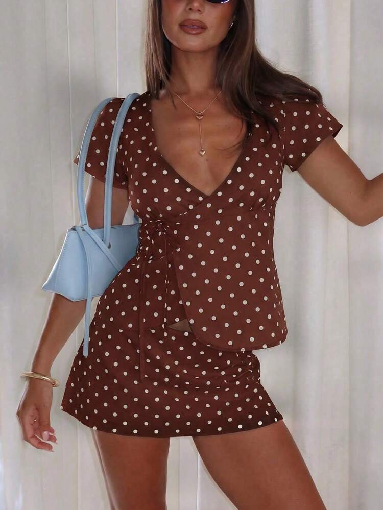Women's Casual Fashion Brown Deep V-Neck Short Sleeve Polka Dot Top (With Knot Detail) And Polka ... | SHEIN