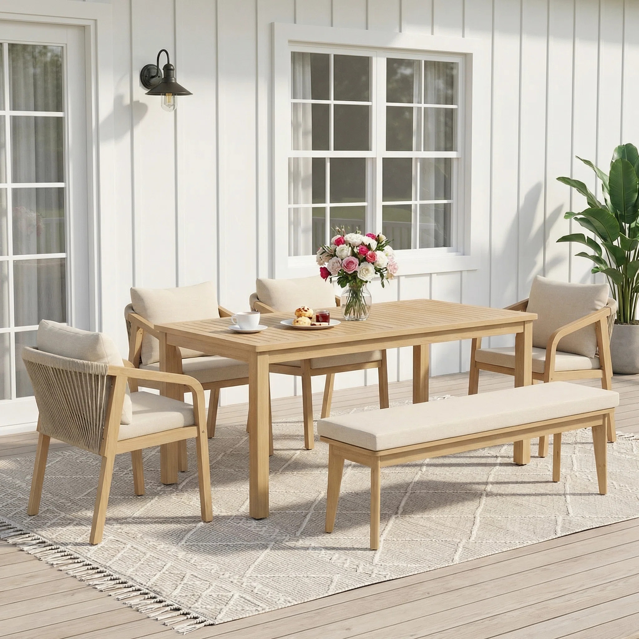 6-Person Outdoor Dining Set with Cushions, 6-Piece Acacia Wood Patio Dining Set with Bench and 69... | Wayfair North America