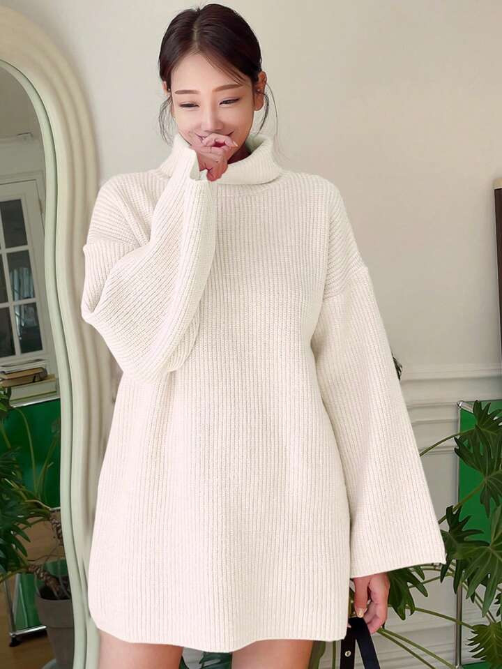 DAZY High-Neck Drop Shoulder Sweater,Long Sleeve Tops | SHEIN