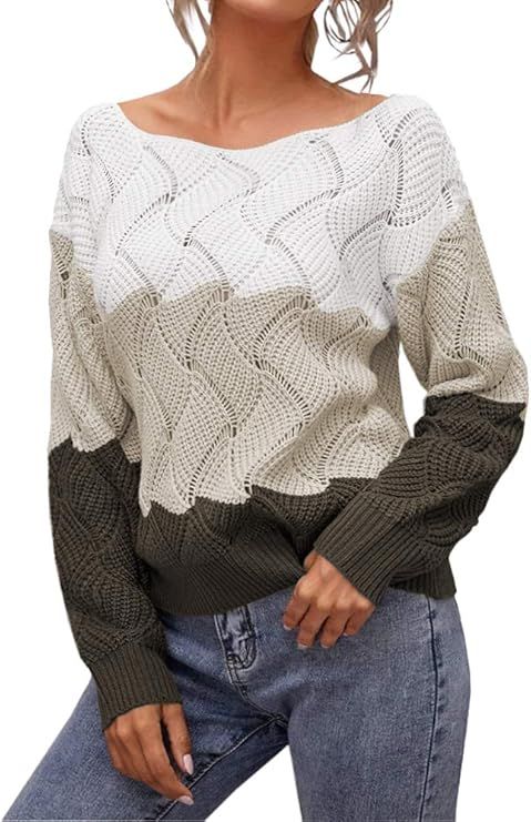 Women's Color Block Sweaters V Neck Long Sleeve Pullover Casual Knit Jumper Tops | Amazon (US)