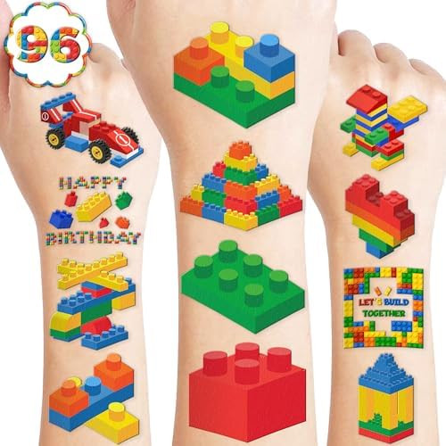 96 PCS Building Blocks Block Pre-Cut Temporary Tattoos for Kids | Super Cute Themed Birthday Part... | Amazon (US)