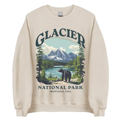 MadalenStore Glacier National Park Sweatshirt - Montana Bear Hiking Outdoor Sweatshirt, Nature Lover Crewneck XL Sand | Amazon (US)