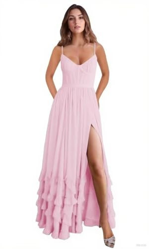 Pleated Pink-a Prom Dresses Plus Size with Slit for Women 3D Floral Ruffles Long Bridesmaid Dresses A Line Corset Spaghetti Straps Party Evening Gowns US18W | Amazon (US)