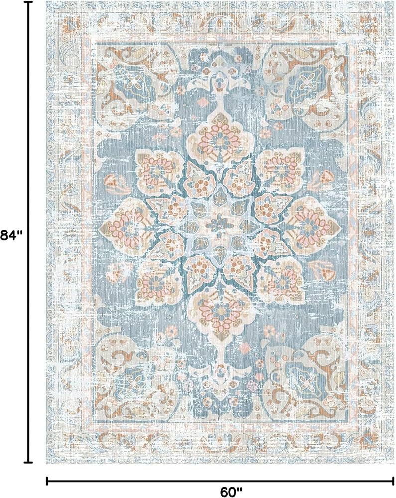 Vhong Washable Area Rugs Boho Vintage Neutral Modern Pale Blue 5x7 Non Slip Carpet for Living Roo... | Amazon (US)