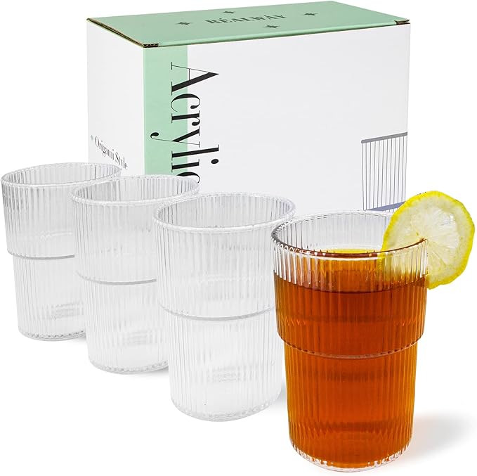 REALWAY Plastic Tumblers, Unbreakable Ribbed Glasses,17OZ Origami Style Drinking Cup, Reusable Pl... | Amazon (US)