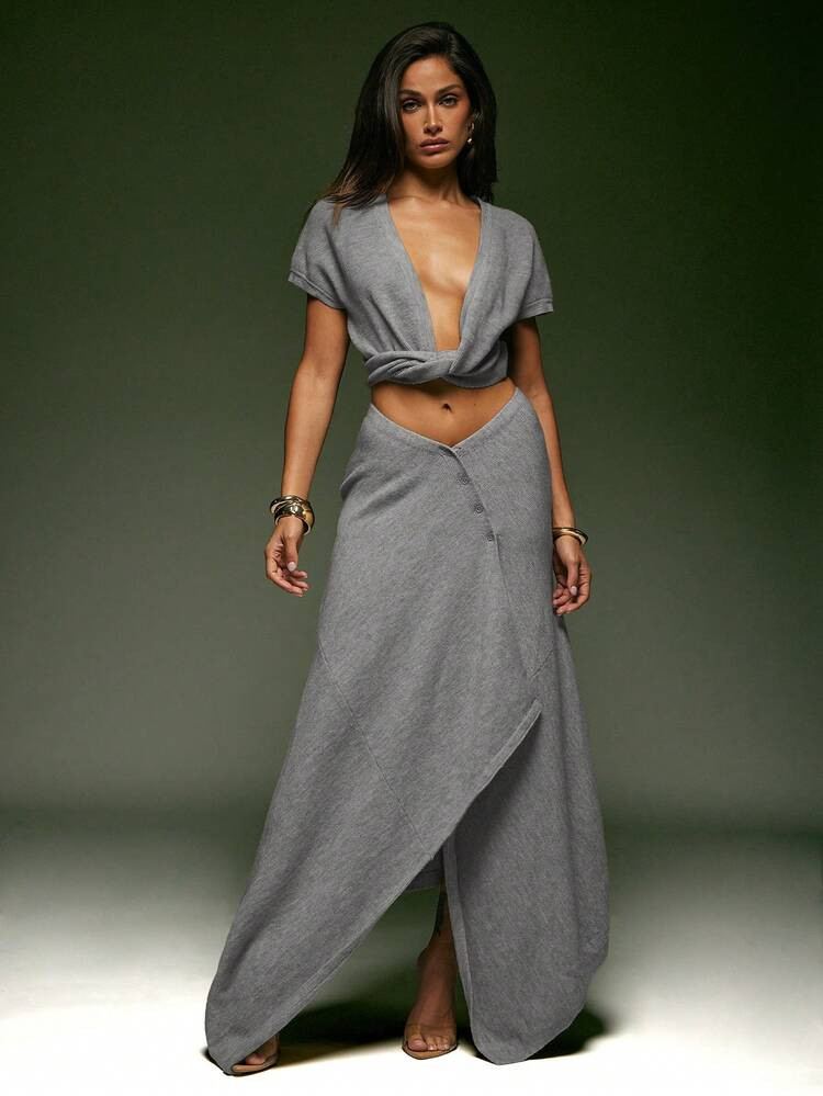 Denimoi Asymmetrical Hem V-Waist Sweater Skirt, Fashionable, For Fall And Winter | SHEIN