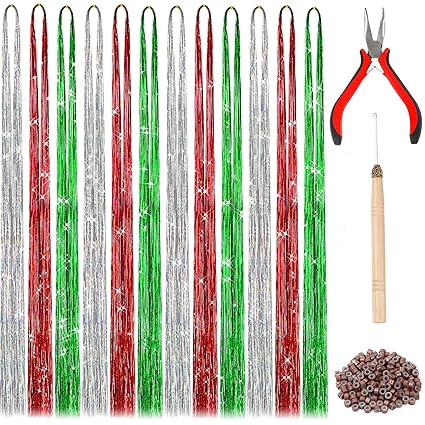 FEBSNOW 47 Inches Tinsel Hair Extension with Tool 2400 Strands 3 Colors Hair Extension Tinsel Kit... | Amazon (US)