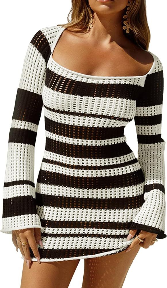 Saodimallsu Womens Crochet Cover Up Long Sleeve Mini Dress Square Neck Color Block Swimsuit Dress... | Amazon (US)