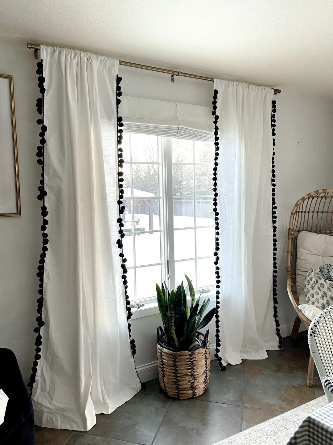 White Cotton Curtains with Cream or White Jumbo Pom Trimming , Curtains , Bedroom Curtains, Nurse... | Etsy (US)