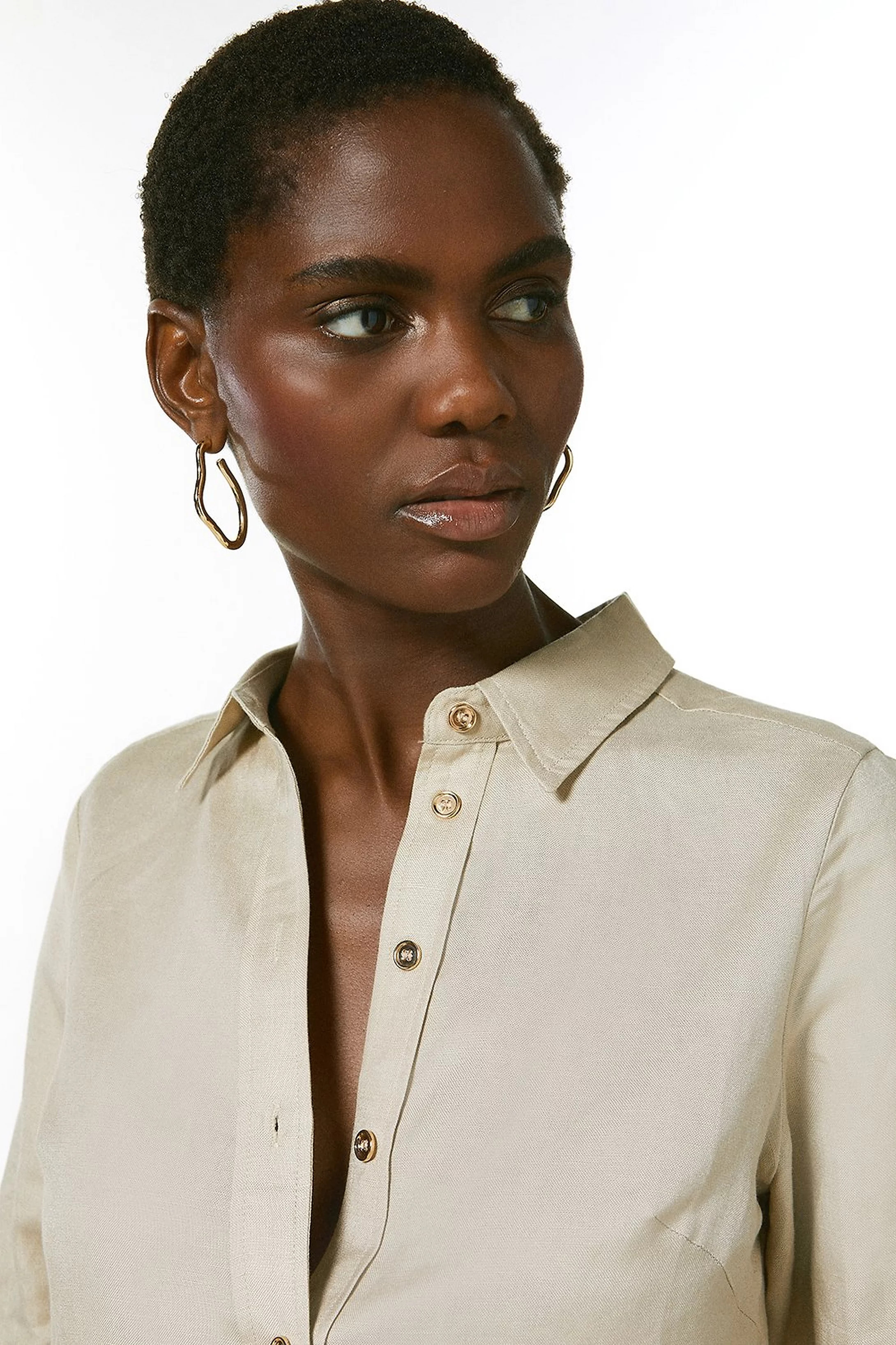 Linen Viscose Woven Long Sleeve Shirt | Karen Millen UK & IE