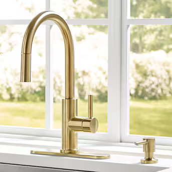 allen + roth Harlow Simplefit Brushed Gold Single Handle Deck-mount Pull-down Kitchen Faucet with... | Lowe's