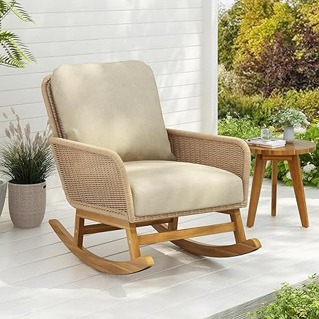 Christopher Knight Home Nadine Patio Rocking Chair, Wicker Rocker, Wood Leg Rocking Chair, PE Rat... | Amazon (US)