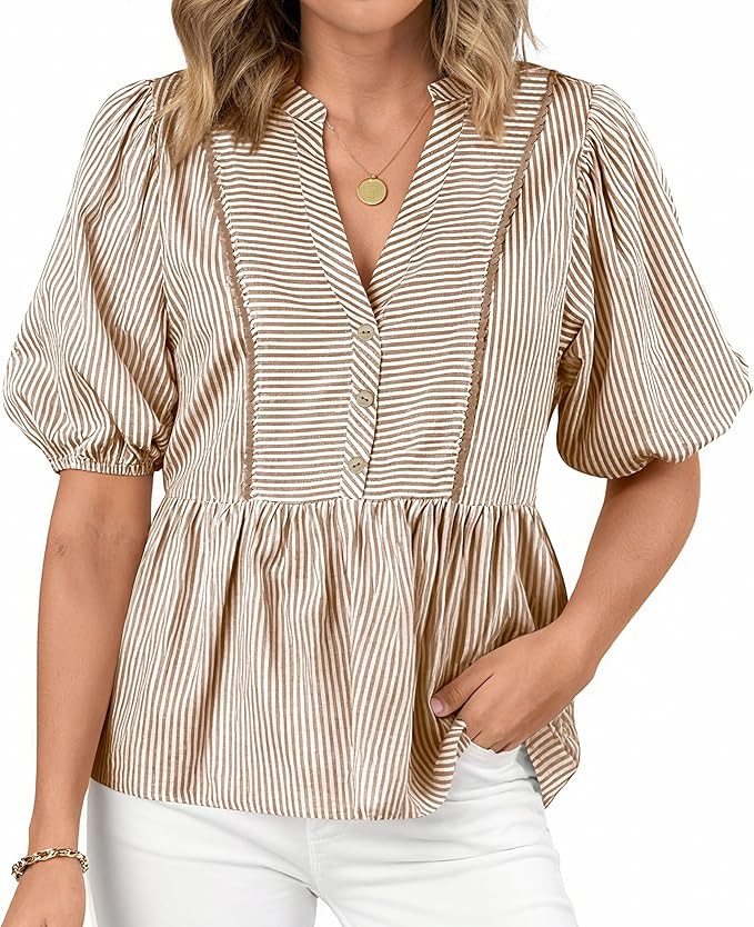 dowerme Womens Summer Tops 2026 Fashion Lantern Short Sleeve V Neck Button Peplum Shirts Spring S... | Amazon (US)