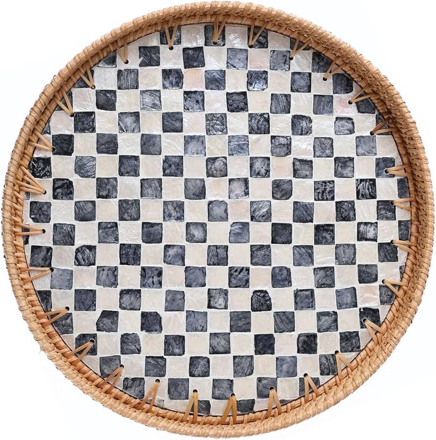 Rattan Checkered Tray with Mother of Pearl, Round Coffee Table Tray Décor 12 inch, Round Wicker ... | Amazon (US)