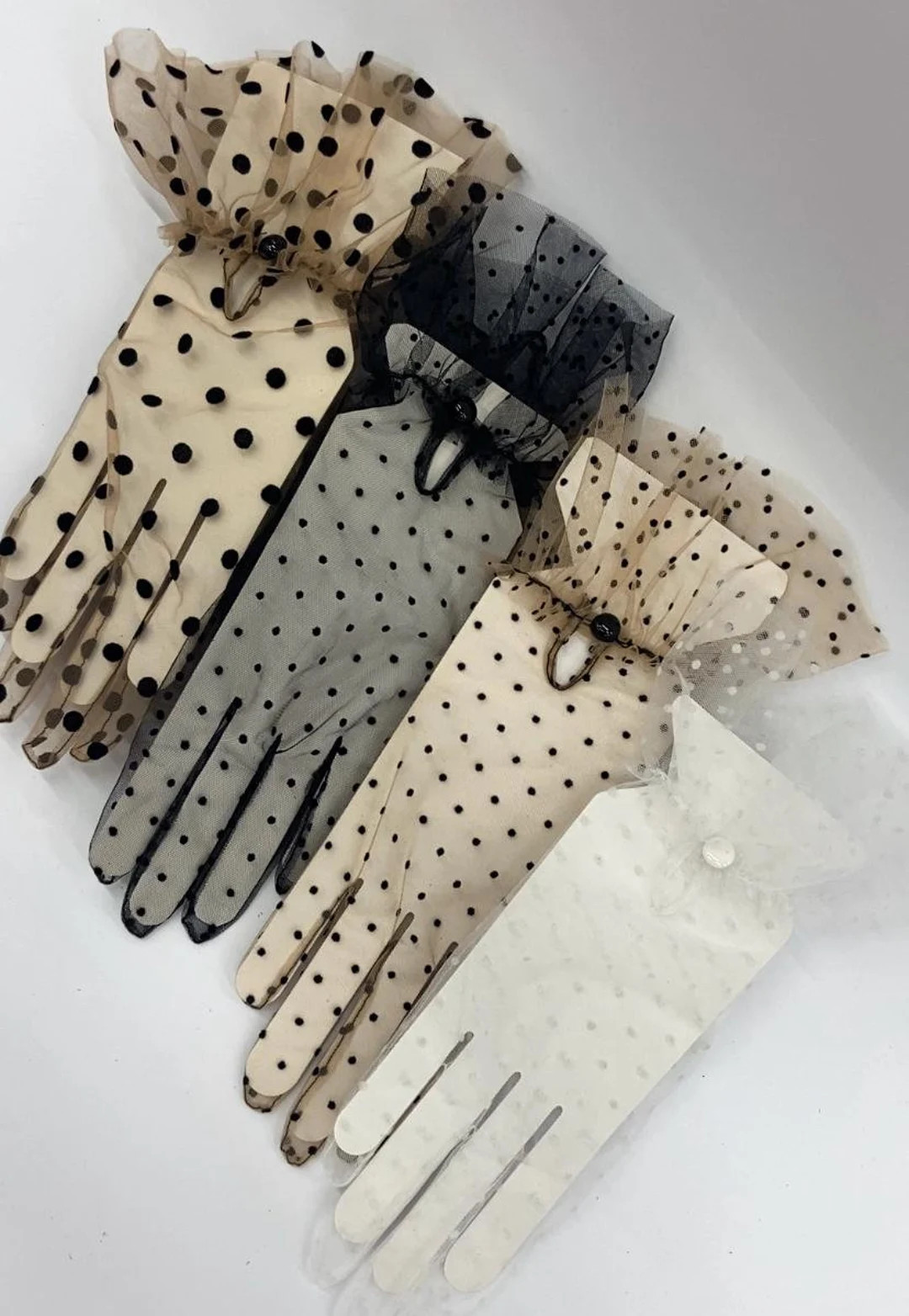 Tulle Gloves for Women Beige & Black Polka Dot Lace Opera Girls Gloves Nylon Transperent Mesh Sat... | Etsy (Global)