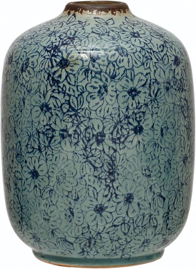 Creative Co-Op Terra-Cotta Floral Pattern Vase, 6" L x 6" W x 8" H, Blue | Amazon (US)