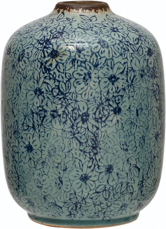 Creative Co-Op Terra-Cotta Floral Pattern Vase, 6" L x 6" W x 8" H, Blue | Amazon (US)