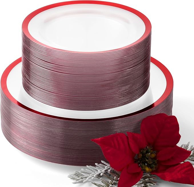 By Madee HEAVYWEIGHT 100 Pc Christmas Plates Disposable | Clear and Red Plastic Plates | Includes... | Amazon (US)