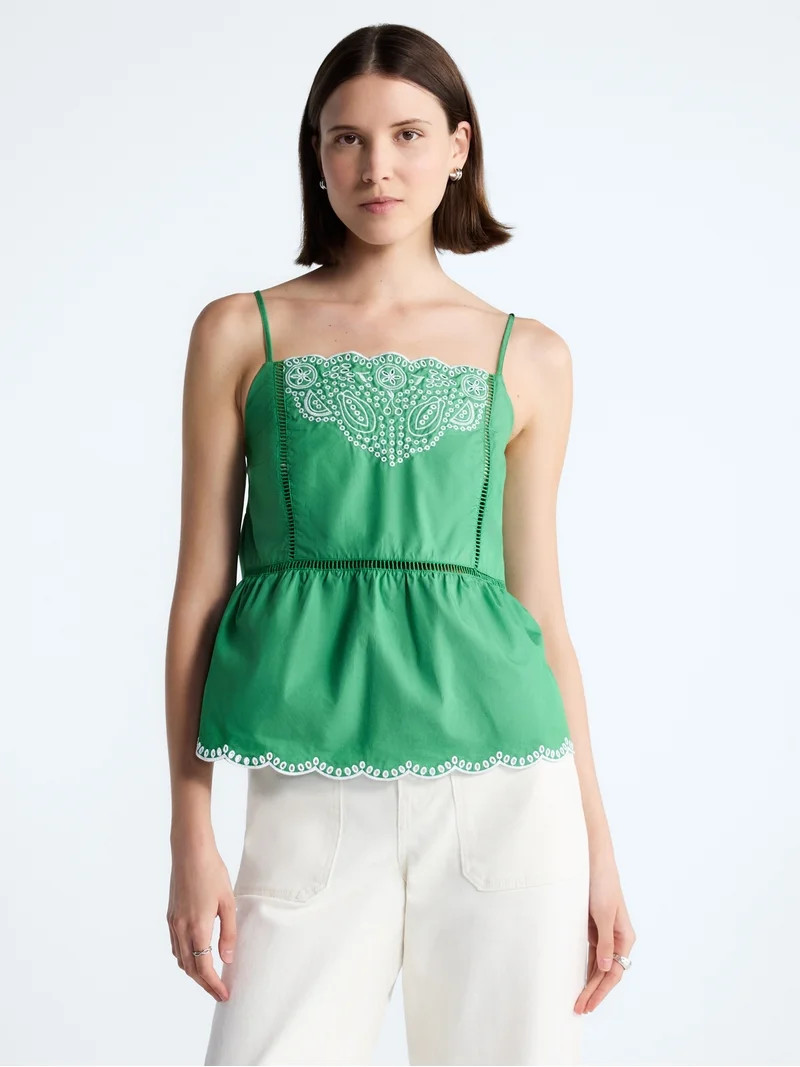 Free Assembly Women's Embroidered Cotton Tank Top with Peplum Hem, Sizes XS-XXL | Walmart (US)