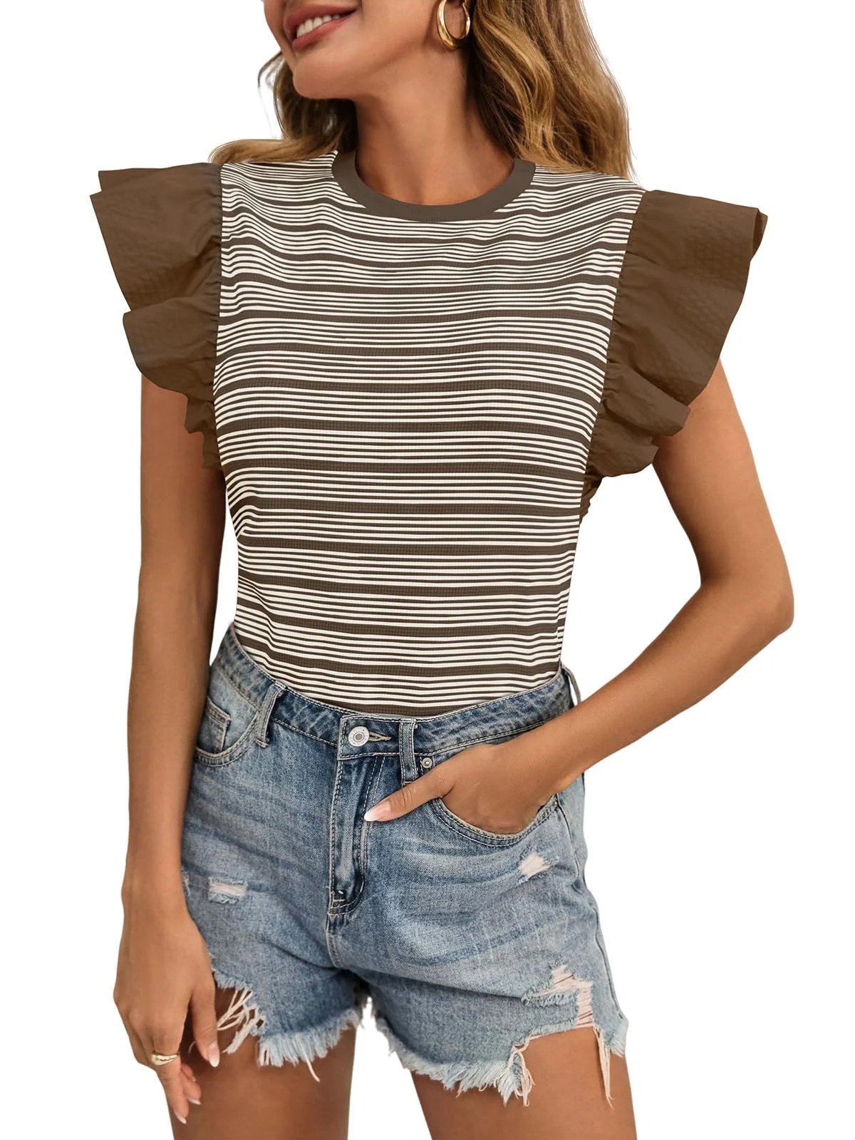 Summer Womens Ruffle Striped Tank Tops Casual Sleeveless Shirts Tops | Walmart (US)