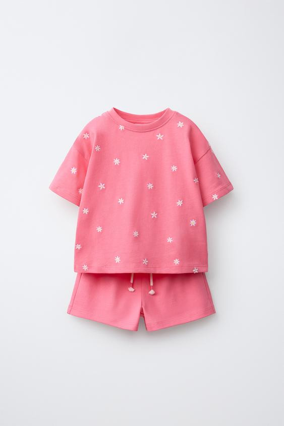Zara - Embroidered T-Shirt And Bermuda Set - Ecru - 1½ Years (33,9 Inches) - Kids | Zara US