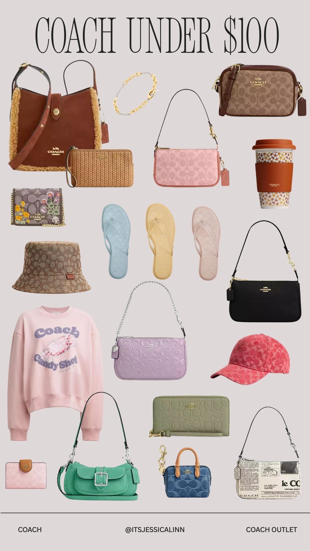 Coach and Coach outlet finds all under $100!

Shearling coach Hadley (get a great deal on this bag to wear in the fall and winter!)
Coach pink plaza bag
Wallet with chain mini bag
Bucket hat
Coach candy swirl sweatshirt
Coach mint green bag
Coach newspaper Nolita 
Coach pastel purple Nolita 19
Coach travel mug
Coach jelly flip flops 
Coach bracelet
Coach raffia wristlet 


#LTKSaleAlert #LTKootd #LTKgrwm