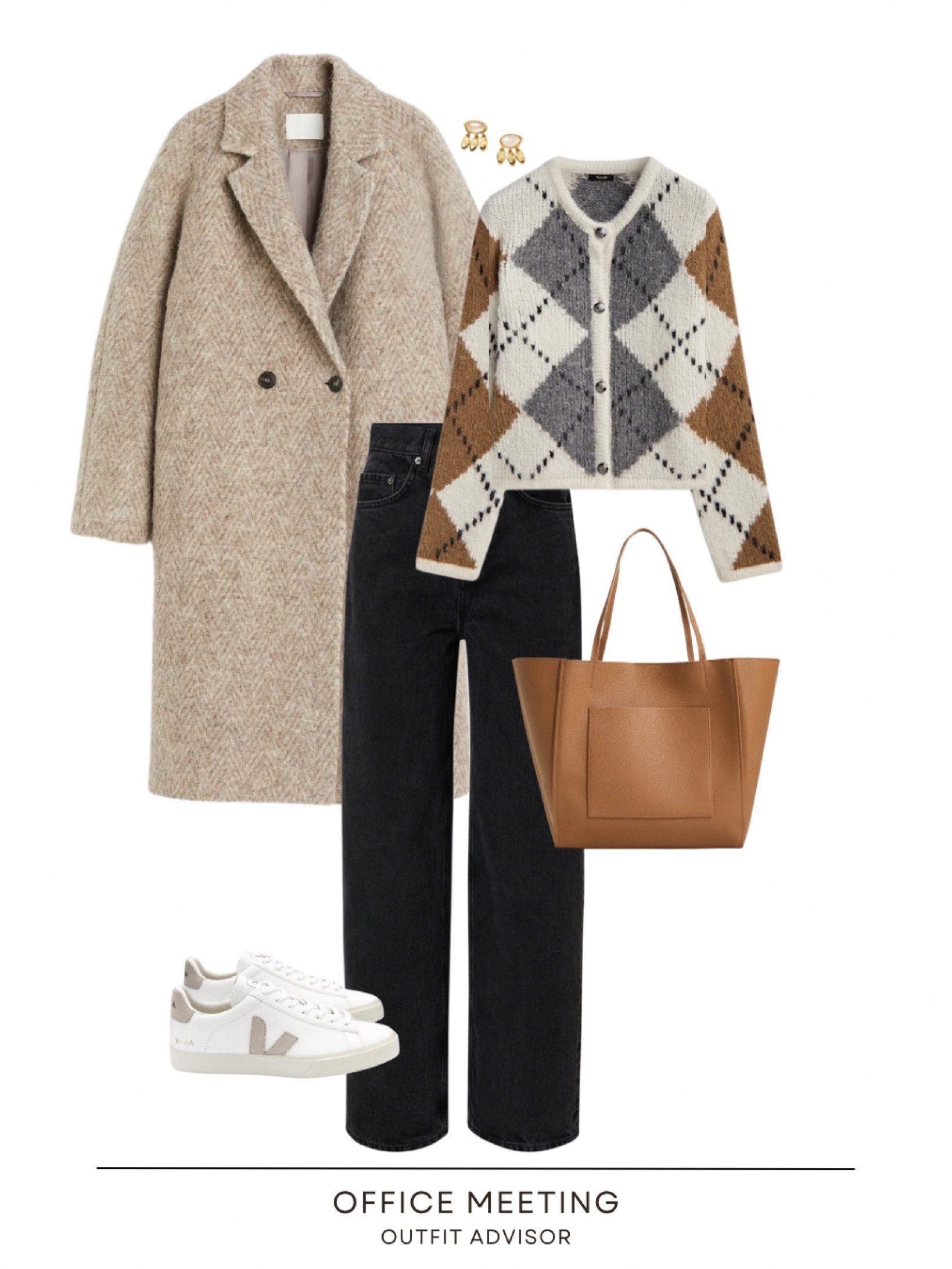 Chic winter office outfit inspo: a massimo ditti cardigan, herringbone beige h&m coat, black jeans from about you, veja sneakers, gold Missoma earrings & a brown mango tote bag (37050245-RORY-LM)

#LTKshoecrush #LTKstyletip #LTKworkwear