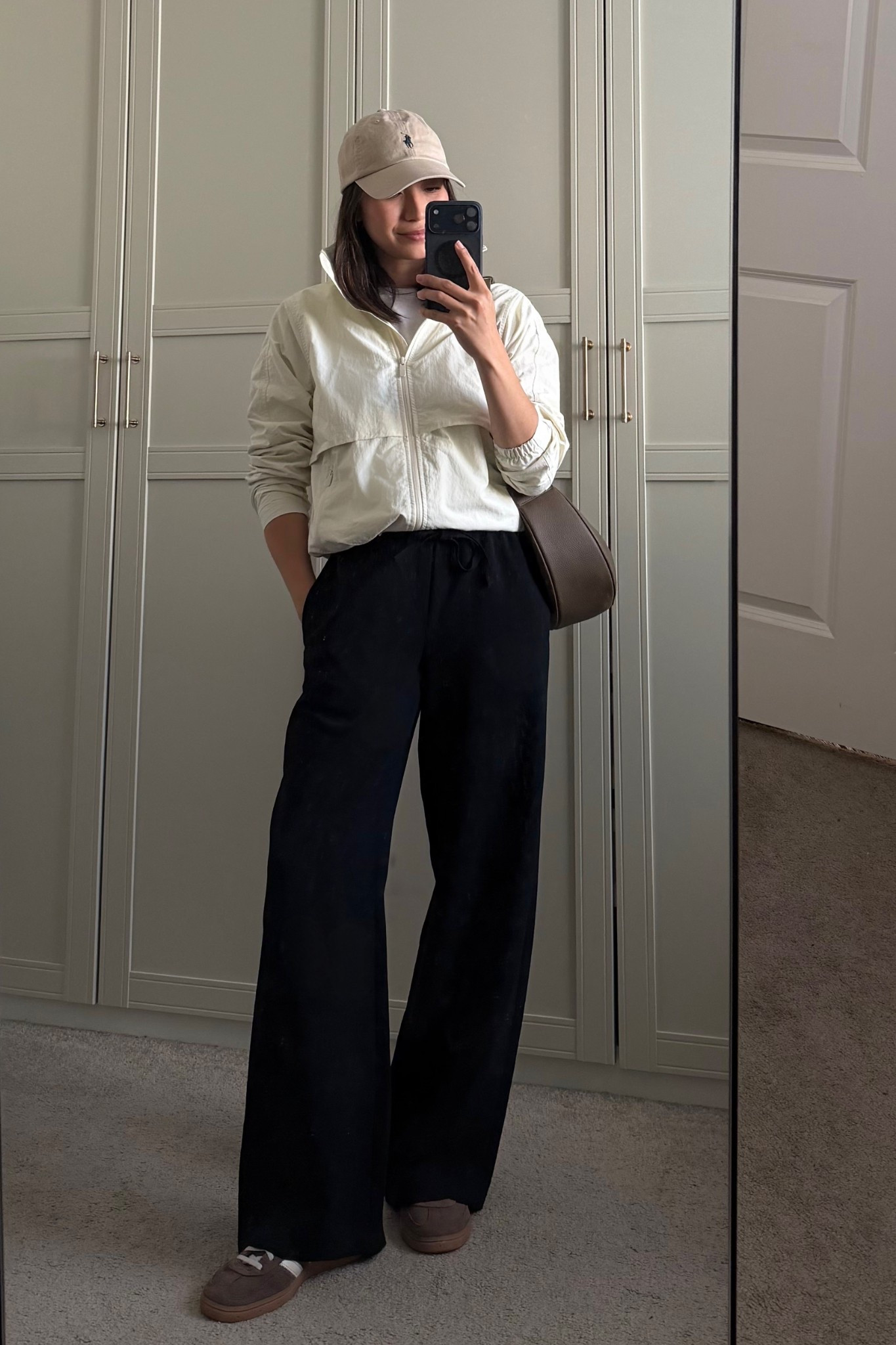 Mom staples for spring 

Quince jacket — small 
Quince tee — xs 
Aritzia lodge pants — wearing regular 
Adidas handball spezial sneakers — has arch support 
Amazon leather crossbody — perfect hands free bag 

#LTKSeasonal #LTKootd