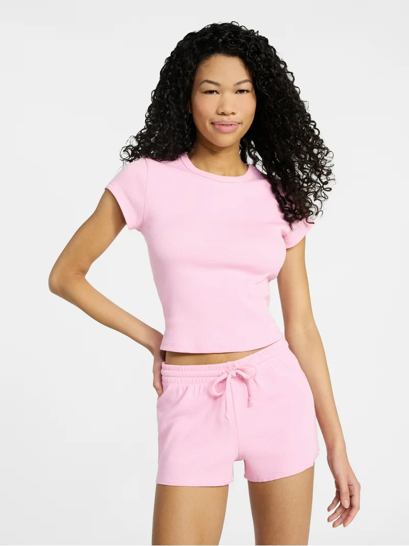 No Boundaries Sleep Ribbed Tee and Shorts Set, 2-Piece, Women’s XXS-3X | Walmart (US)