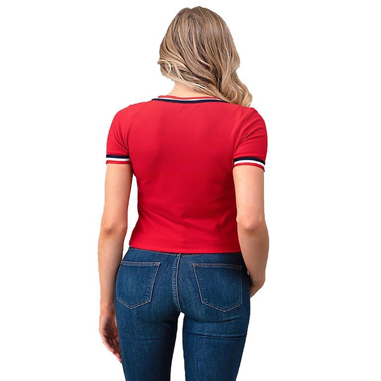 Women's Solid Casual Stripe Band Rib Short Sleeve V-Neck Top Tee - Walmart.com | Walmart (US)