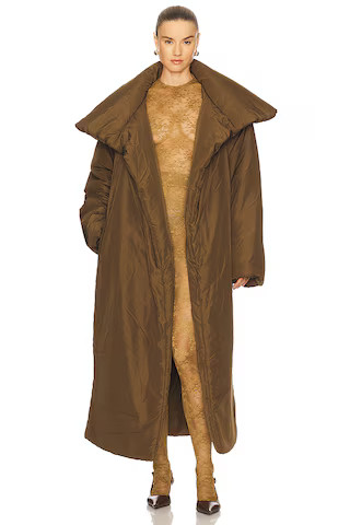 Norma Kamali High Collar Sleeping Bag Coat Long in Bark from Revolve.com | Revolve Clothing (Global)