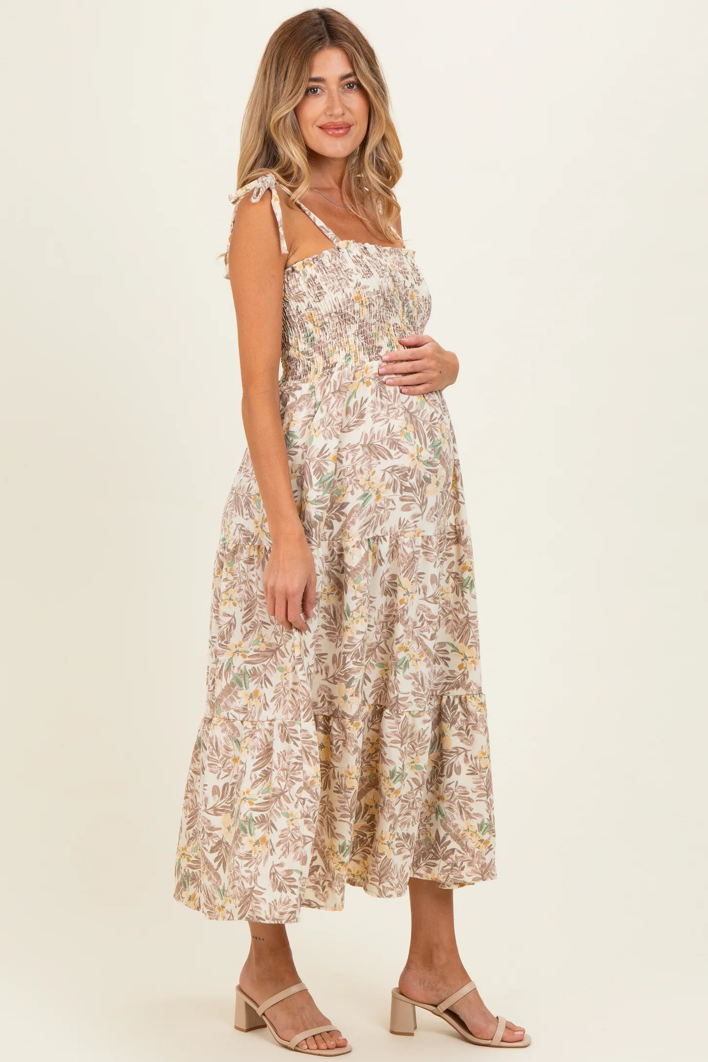 Ivory/ Mustard Vintage Floral Sleeveless Tiered Maternity Maxi Dress | PinkBlush Maternity